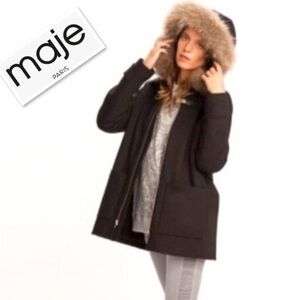 Maje Black Hooded With Racoon Trimed Coat Parka Size 40 ( US L)